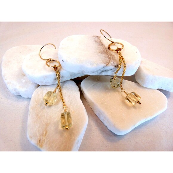 Yellow Quartz Cube Gemstone 14k Yellow Gold Fill Drop Earrings OOAK - Picture 4 of 7